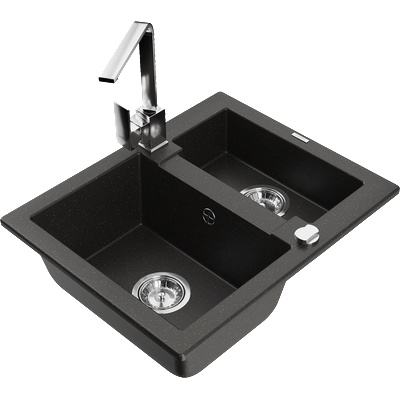 Mexen Carlos гранитна мивка с 1, 5 отделения с кухненски смесител Rita, черен/златист металик - 6518-75-670300-00 (6518-75-670300-00)