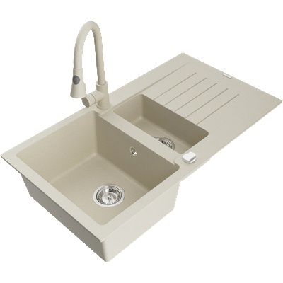 Mexen Matias гранитна мивка с 1, 5 отделения с отцедник и кухненски кран Elia, бежов - 6502-69-670101-69 (6502-69-670101-69)