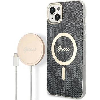 GUESS Комплект безжично зарядно устройство и кейс Guess GUBPP14SH4EACSK за iPhone 14 6.1"", черен / черен, твърд, съвместим с MagSafe, 4G Print (GUE002544-0)