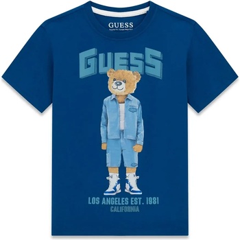 GUESS Синя тениска за момче с цветно мече и син надпис Guess