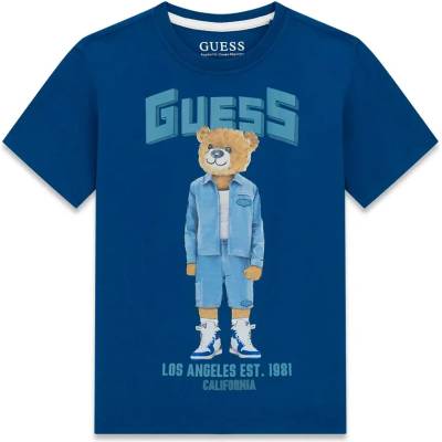 GUESS Синя тениска за момче с цветно мече и син надпис Guess