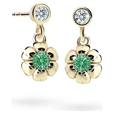 Danfil dětské náušnice kytičky C2151 ze žlutého zlata s kamínkem Emerald Green zapínání balónek