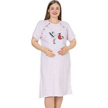 Макси нощница за кърмачки в бяло с щъркел и малки сърца