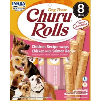 Inaba Foods Dog Churu Rolls - Chicken with Salmon - Лакомство за кучета, ролца с мек пълнеж с пиле и сьомга, 8 пакета х 12 грама, Япония EUD732