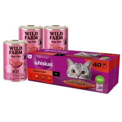 WHISKAS klasický výber v šťave pre dospelé mačky 40x85g & WILD FARM Paštéta s hovädzím mäsom 3x400g - bezlepkové krmivo pre mačky