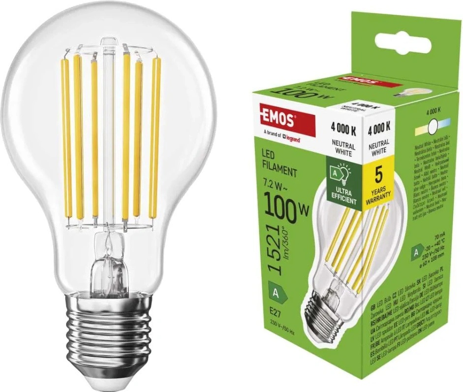 Ampoule LED E27 Classe A – 7,2W – 1521 Lm – 4000K Blanc Neutre – 50 000 H