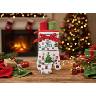 Kuchyňský vánoční dárkový set PREZENT rukavice 18x30 cm - 2x Vánoční utěrka 38x64 cm 100% bavlna MyBestHome