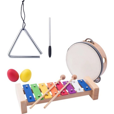 Woody Set muzikální xylofon traingl tamburina maracas 5 ks