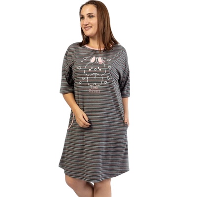 Макси нощница на райе в сиво и коралово със зайче