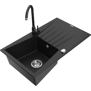 Mexen Cesar гранитна кухненска мивка с 1 кош, дренаж и кухненски смесител Telma, черен - 6514-77-670200-70 (6514-77-670200-70)