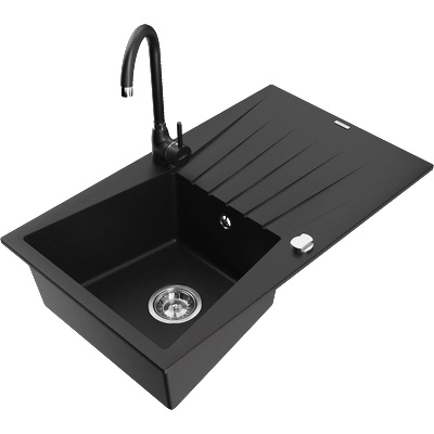 Mexen Cesar гранитна кухненска мивка с 1 кош, дренаж и кухненски смесител Telma, черен - 6514-77-670200-70 (6514-77-670200-70)
