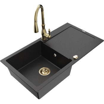 Mexen Leo гранитна мивка с 1 отделение с отцедник и кухненски смесител Savita, черен/сребърен металик - 6501-73-672601-50 (6501-73-672601-50)