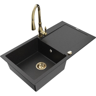 Mexen Leo гранитна мивка с 1 отделение с отцедник и кухненски смесител Savita, черен/сребърен металик - 6501-73-672601-50 (6501-73-672601-50)