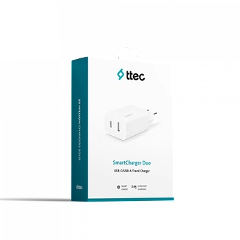 Ttec Адаптер 220V ttec SmartCharger Duo USB-C+USB-A Travel Charger 2.4 A - Бял
