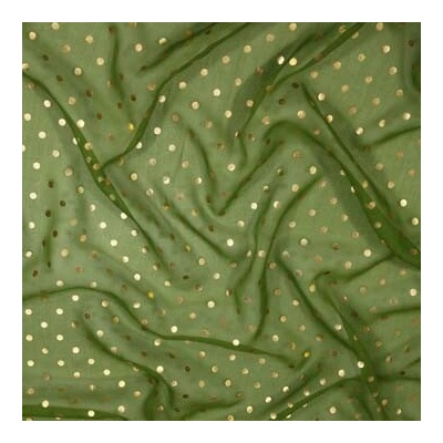 Hedvábný šifon zelený, zlaté puntíky, š.135