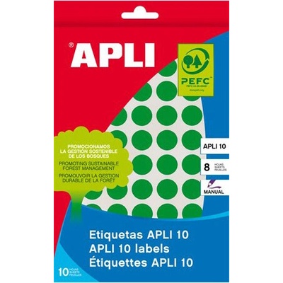 Etikety, okrúhle, priemer 10 mm, ručne popisovateľné, farebné, APLI, zelené, 1008 etikiet bal