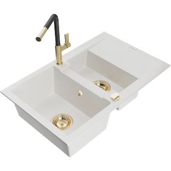 Mexen Gaspar гранитна мивка 1, 5-камерна с отцедник и кухненски смесител Flora, бял - 6507-20-670401-57-G (6507-20-670401-57-G)