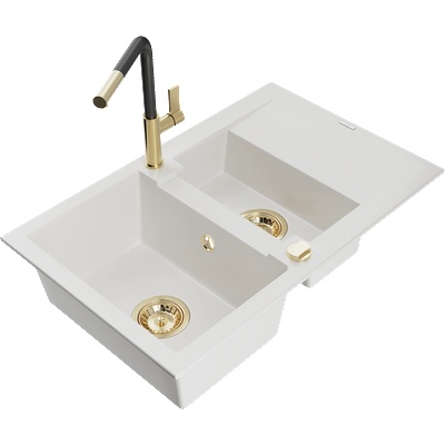 Mexen Gaspar гранитна мивка 1, 5-камерна с отцедник и кухненски смесител Flora, бял - 6507-20-670401-57-G (6507-20-670401-57-G)