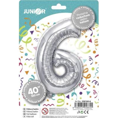 Balón JUNIOR s číslom 6 na narodeniny, 100 cm, strieborný