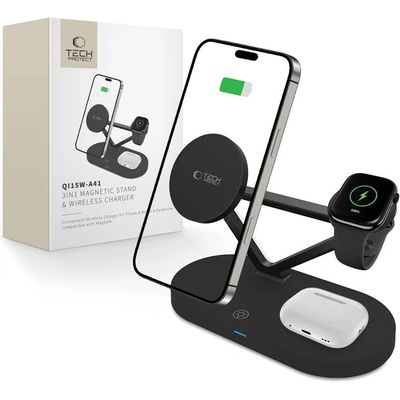 Tech-Protect Зарядна станция 3 в 1 с MagSafe 15W за iPhone, AirPods и Apple Watch от Tech-Protect QI15W-A41 - Черна (5906302380152)