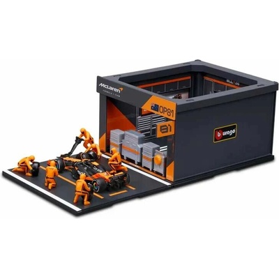 Model Bburago McLaren F1 Oscar Piastri s modelem boxu 1:43