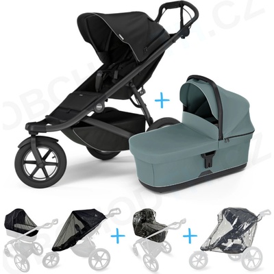 Thule Set 5v1 Urban Glide 3 Black 2024 + vanička Mid blue + pláštenky + ochranná sieť