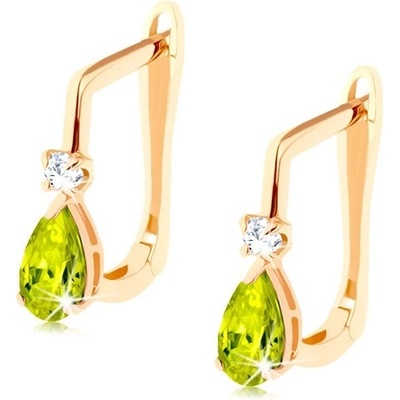 Šperky Eshop náušnice ze žlutého zlata zelená zirkonová slza a čirý zirkonek S2GG94.08