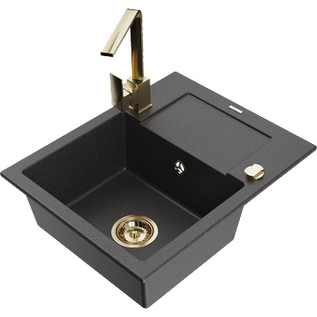 Mexen Enzo гранитна кухненска мивка с 1 отделение и отцедник и кухненски смесител Rita, черен на пръски - 6506-76-670300-50 (6506-76-670300-50)