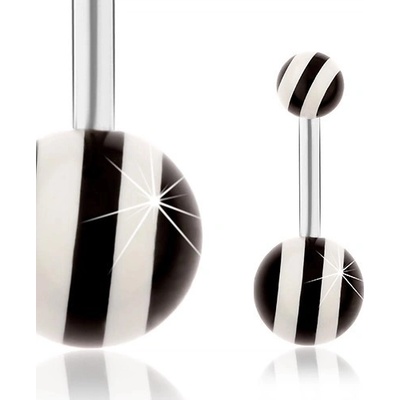 Šperky eshop ocelový piercing do pupíku stříbrná lesklé černobílé kuličky SP27.21