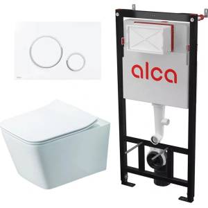 Rune Комплект казанче за WC с вграждаща рамка Alca AM101/1120 и бутон Thin M776, бяло-хром, плюс бяла тоалетна чиния Rune Jord с капак softclose (AM101/1120+M776+5940541330394)