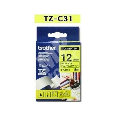 Páska do štítkovače Brother TZe-C31, 12mm, černý tisk/signální žlutá podklad,originál