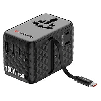 Verbatim 30191, Универсален адаптер за пътуване Charge , n, Travel 2x USB-C, 2X USB-A + 1x интегриран кабел USB-C, черен, 100 W (30191)