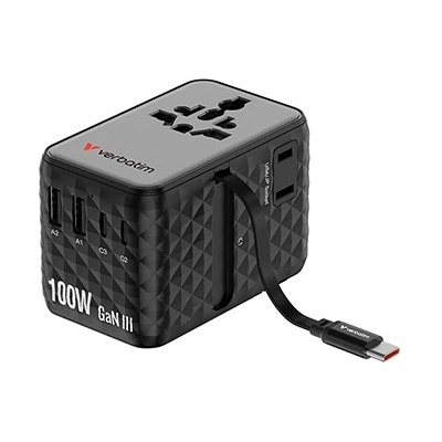Verbatim 30191, Универсален адаптер за пътуване Charge , n, Travel 2x USB-C, 2X USB-A + 1x интегриран кабел USB-C, черен, 100 W (30191)