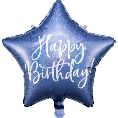 PartyDeco Balónek fóliový Hvězda tmavě modrá Happy Birthday 40 cm