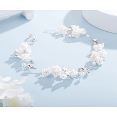Naishide Jewelry Romantická ozdoba do vlasů s bílými květy, lístky a perlami
