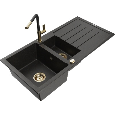 Mexen Andres гранитна мивка с 1, 5 камери със сушилник и кухненски смесител Flora, черен/златен - 6515-75-670401-57-G (6515-75-670401-57-G)