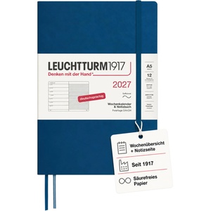Leuchtturm1917 Weekly Calendar 2027 Medium (A5) with Notebook - German Diary, Indigo, Softcover, January-December 2027, Weekly Overview on the Left + Notes Page on the Right - 400074 (400074)