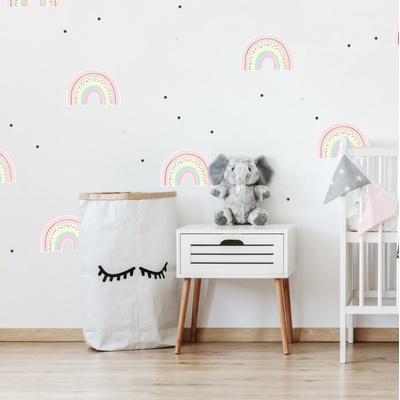 INSPIO Samolepka Samolepky na zeď pro holčičky - Pastelové duhy s puntíky kuličky a tečky, víly a korunky, duha, duhy růžová, plnobarevný motiv rozměry 90x80 – Sleviste.cz