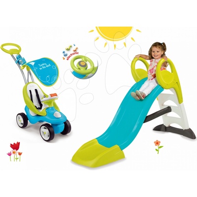 Smoby Set detská šmykľavka GM 150 cm+odrážadlo Bubble Go 2v1 so slnečníkom a zvukom