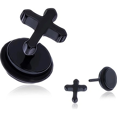 Šperky eshop černý lesklý falešný plug do ucha kříž W22.34