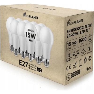 ecoPLANET 10x LED žiarovka E27 A60 15W 1500Lm studená biela