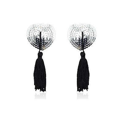 Latetobed BDSM LINE Self-Adhesive Heart Sequin Nipple Cover with Tassel Silver/Black, samolepiace krytky bradaviek