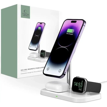 Tech-Protect 3в1 индуктивно зарядно устройство Tech-Protect QI15W-A22, MagSafe, за смартфони / Apple Watch / AirPods, бяло