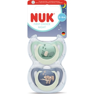 Nuk First Choice биберон залъгалка, силикон, 0-6 мес. , 2 бр. , Night, Хипо/Коала (10175386)