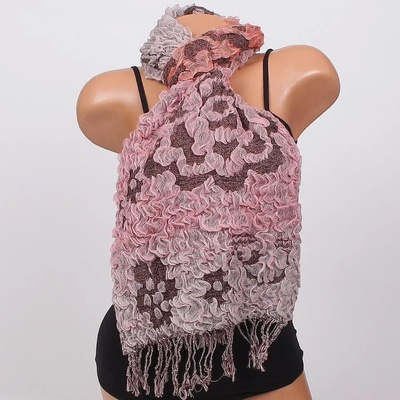 Двулицев шал в млечно кафяво, розово и оранжево с ресни