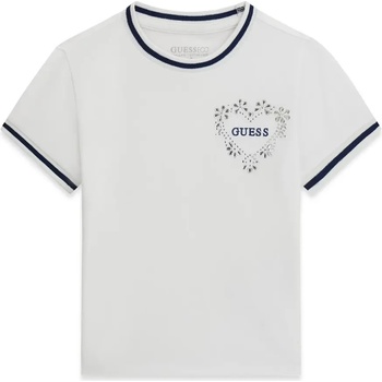 GUESS Бяла тениска с тъмно сини ивици, надпис Guess и кристали