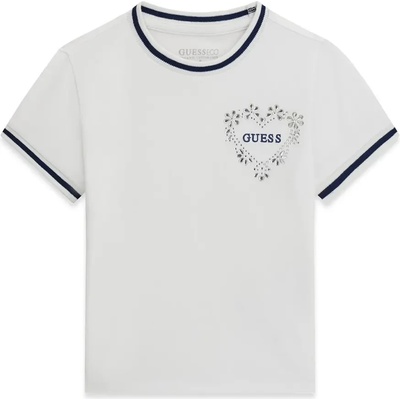 GUESS Бяла тениска с тъмно сини ивици, надпис Guess и кристали