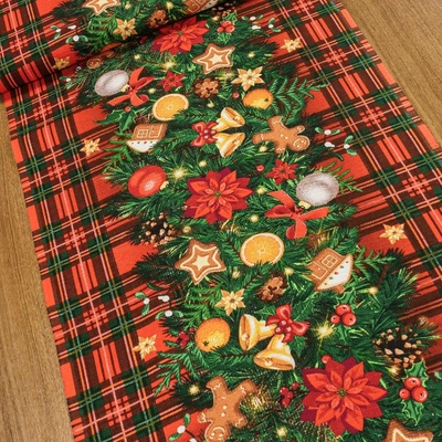 Bavlněné plátno vaflovina, utěrkovina / štola na metráž vánoční 703023, vánoční výzdoba na červeném káru, š. 50cm (látka v metráži)