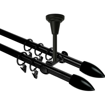 OK-GarnýžeCZ Garnýž kovová dvouřadá 16mm Špice Double černá 170 cm do stropu / kroužky s žabkou
