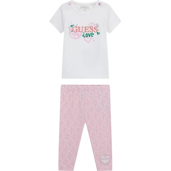 Guess Бяла тениска с цветен надпис и розов клин с детайли за бебе момиче Guess